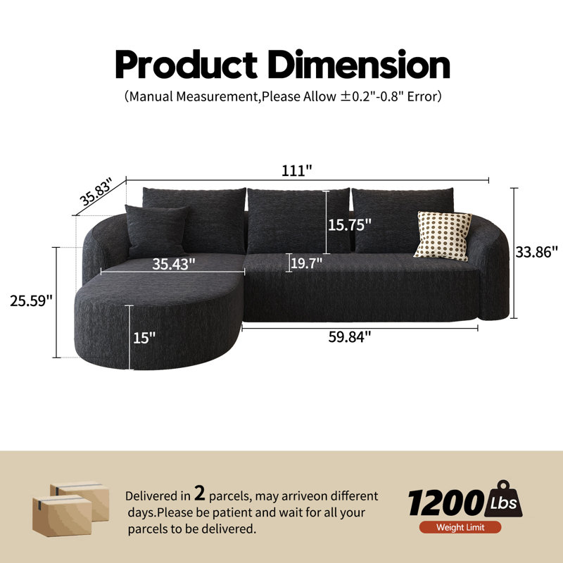 Canapé modulaire incurvé modulaire Boneless, Orienté à gauche (vu de face), H 33,86 po x l 111 po x P 72 po, Noir