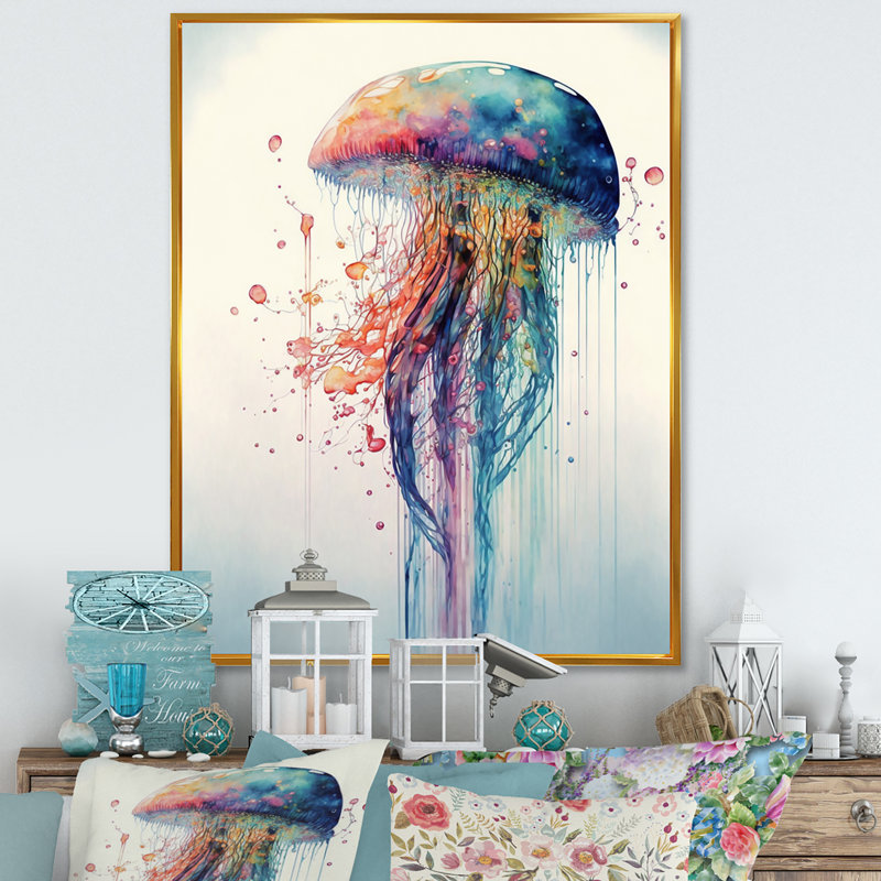 Art coloré sur toile, méduse colorée Deepsea IV, H 20 po x l 12 po, Toile avec cadre flottant, Doré