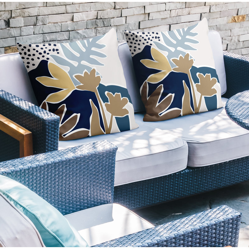 Jeté carré en polyester / mélange de polyester intérieur / extérieur, Bleu / bleu marine / beige, L 15 po x H 15 po