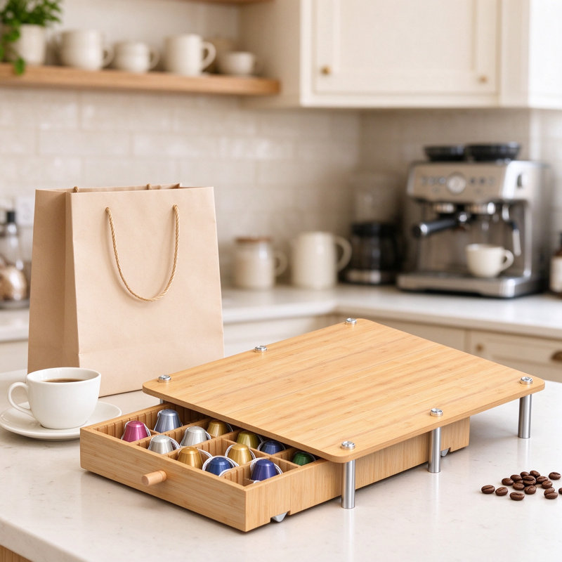 Bamboo Coffee Pod Drawer Organizer with Silent Wheels for Kitchen Counter, Coffee Capsule Storage Holder Compatible with Vertuo and Other Pods