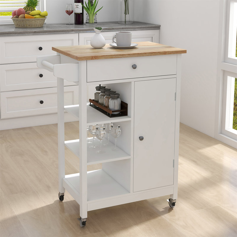 Îlot de cuisine avec chariot à roulettes avec tablettes réglables et plateau à serviettes en bois d'hévéa