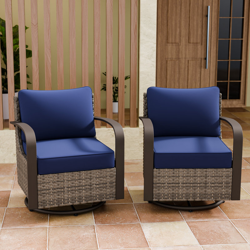 Ensemble de chaises berçantes pivotantes en osier avec coussins (ensemble de 2), Bleu