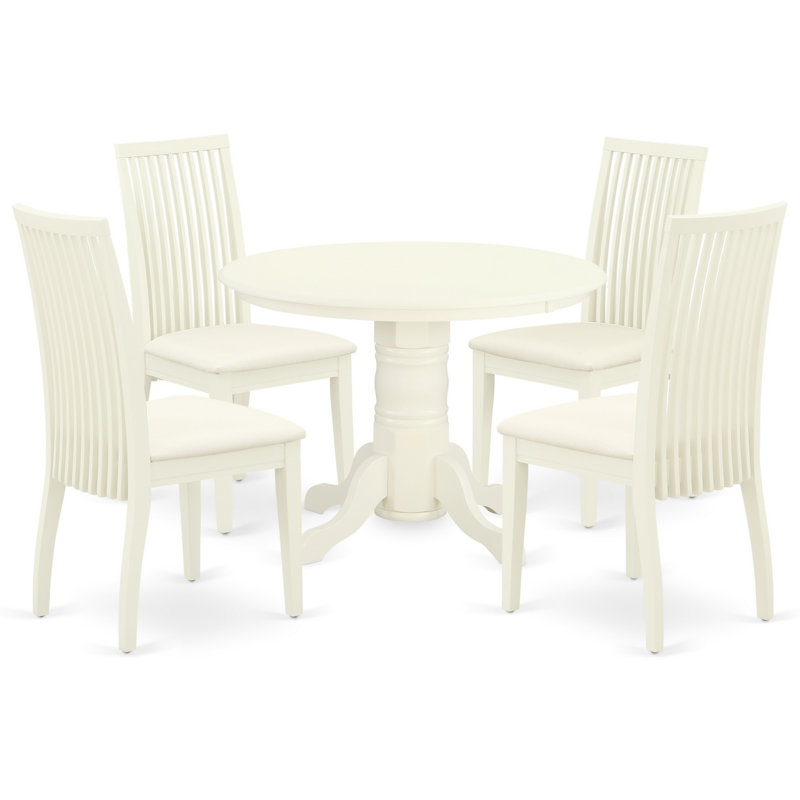 Ensemble de salle à manger 5 pièces comprenant une table de cuisine ronde avec pied central et 4 chaises de salle à manger rembourrées en tissu lin blanc, 107 x 107 cm