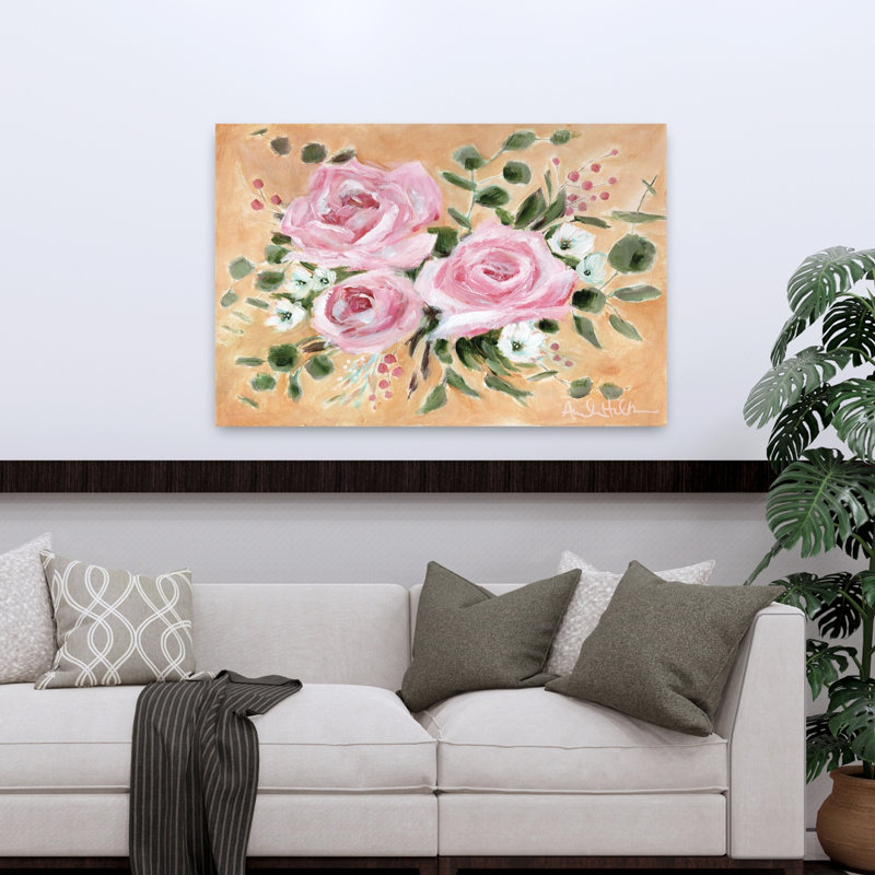 Soleil et roses, art floral contemporain d'été, H 32 po x l 48 po