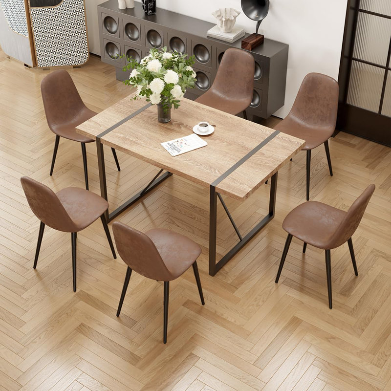 55" Modern Rectangular Dining Table Set, Brown, 7 Pieces: Table, 6 Chairs