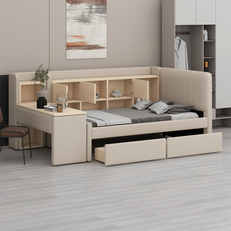 Upholstered Daybed With Drawers, Shelves, Flip Cabinets & Side Table, Beige