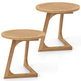 2 PCS Teak Wood Side Table Round Sofa End Table with Slatted Tabletop Nightstand