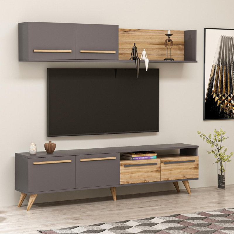 Meuble télé moderne avec tablette murale, noyer et anthracite, 70,9 po x 17,9 po x 11,6 po | Panneau de particules 100% enduit de mélamine | Nombreuses tablettes pour un rangement supplémentaire | Conception élégante et fonctionnelle pour le divertissement à domicile