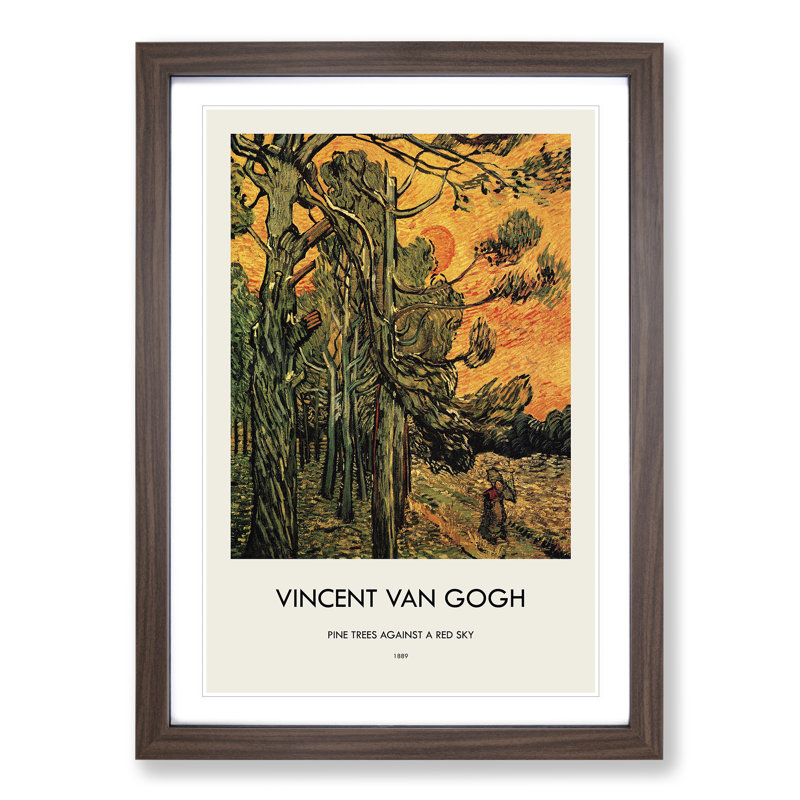 Pine Trees Against a Red Sky Print by Vincent Van Gogh - Picture Frame Painting, 65cm H x 48cm W x 2cm D, Walnut Framed