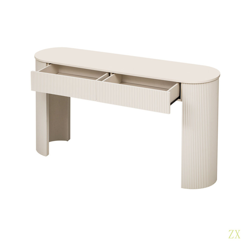 Entryway Table With Fluted Design, Modern Console Table With Storage, Oval Top And 2 Drawers For Entryway And Living Room