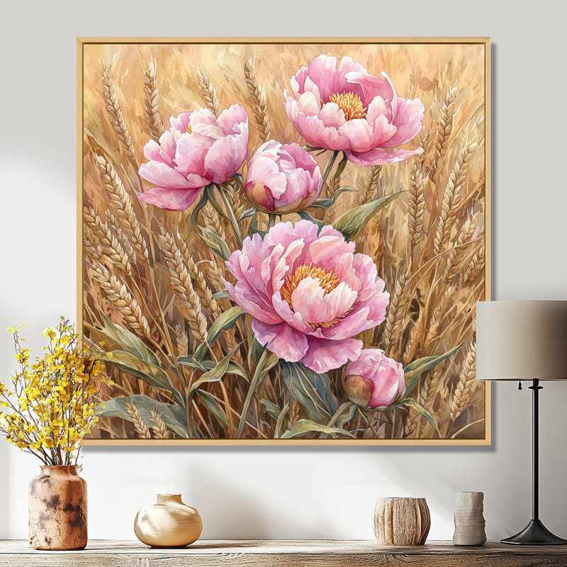 Pivoines dans le champ de blé IV - pivoines, art mural, Impression encadrée flottante sans passe-partout, Crème, crème