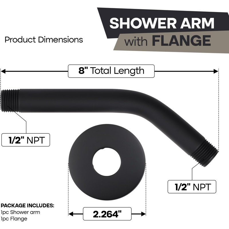 Shower Arm with Flange 8 Inch Stainless Steel Wall Mounted Shower Head Arm, Matte Black