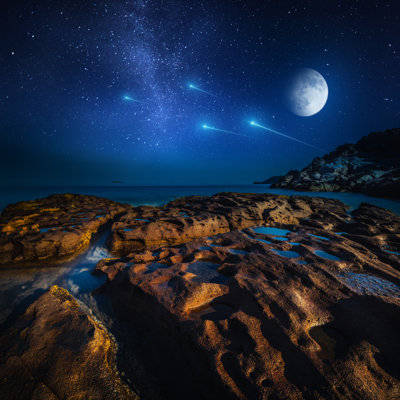 Majestic View Of Sea And Moon At Night - Wrapped Canvas Print