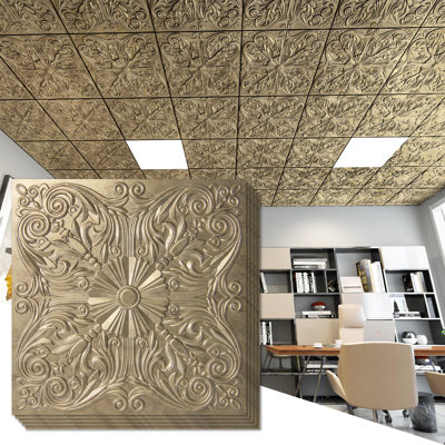 Art3d Decorative Ceiling Tile 2x2 Glue up, Lay in Ceiling Tile 24x24 Pack of 12pcs Spanish Floral in Matt White