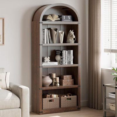 Bookcase 5 Shelf Arched Bookshelf 71.65in Tall Bookcase Farmhouse Display Storage Rack Wooden Bookshelves for Home Office, Living Room