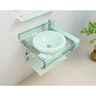 Modern Wall-mount Bathroom Vanity Set, 24 Inch Clear And White Glass Top, Single Sink With Mirror And Shelves, Stainless Steel Frame