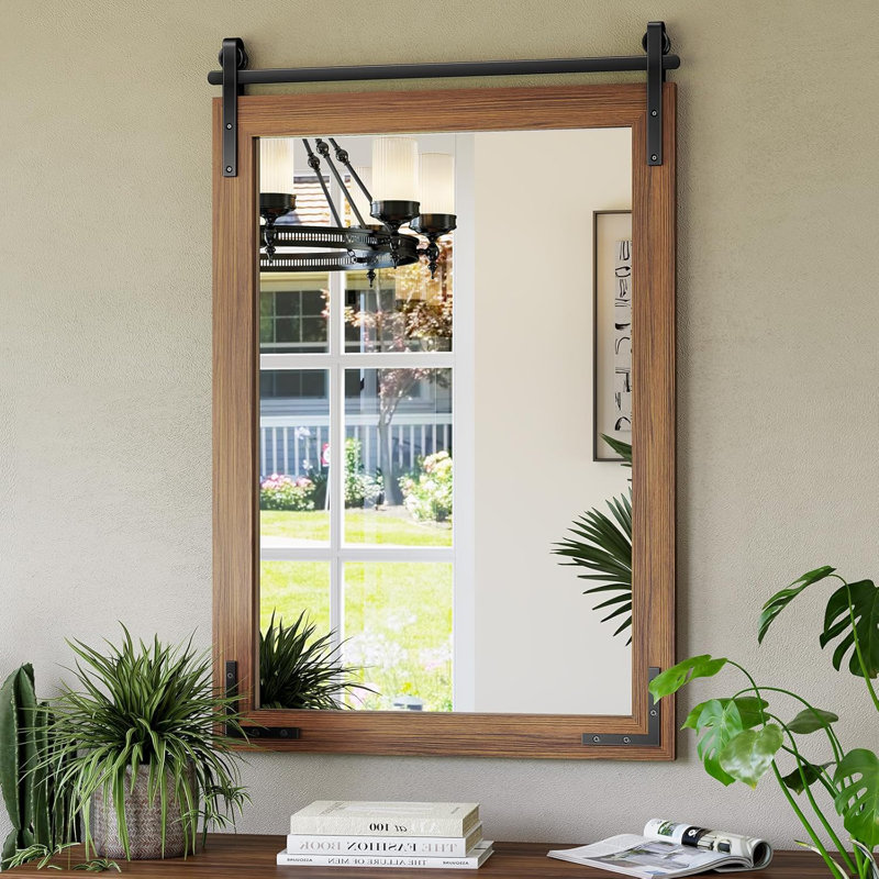 Brown Solid Wood Rectangular Farmhouse Mirror with Metal Accents
