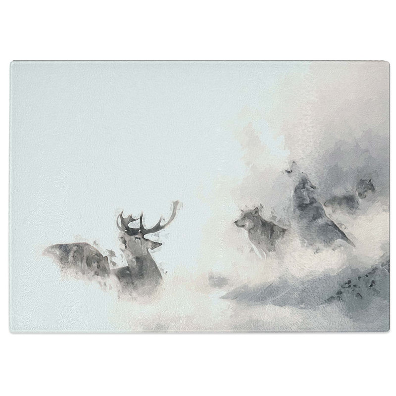Tempered Glass Stag and Wolf with at Winter Chopping Board, 28.5 cm W x 20 cm L