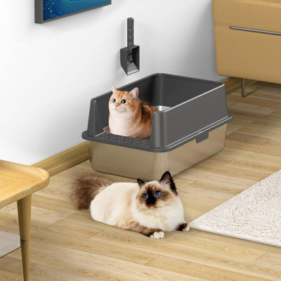 Bac à litière pour chat en acier inoxydable avec couvercles latéraux Extra XL
