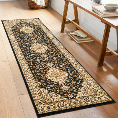 Tapis noir classique de conception classique, 2 pi 7 po X 3 po, polypropylène, 87 profondeur, 31 largeur, 0,43 hauteur, 8,2 lb, élégant médaillon classique, motif