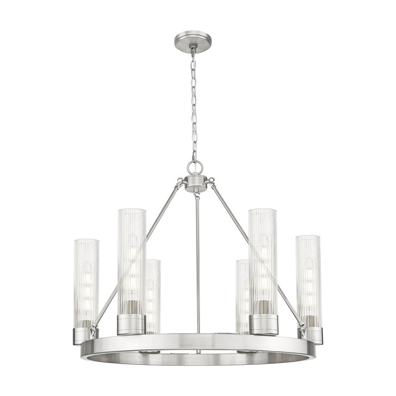 Lustre 6 lumières avec abat-jour Scherer, Rayé transparent, Nickel satiné