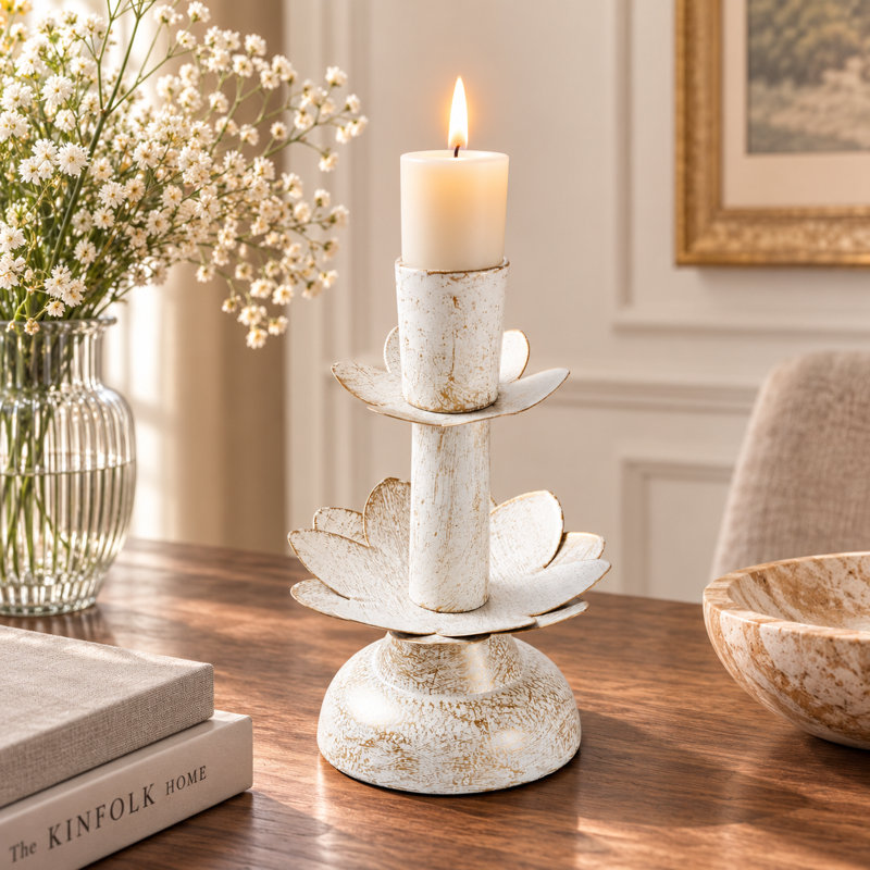 Metal Tabletop Candlestick, 8" H x 5" W x 5" D, White