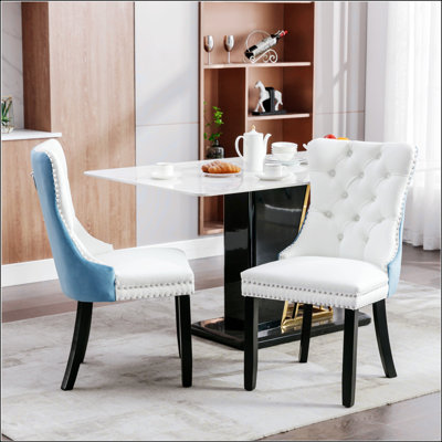 Collection Modern, High-End Tufted Solid Wood Contemporary PU And Velvet Upholstered Dining Chair With Wood Legs Nailhead Trim  2-Pcs Set, White+Light Blue, SW2101WL