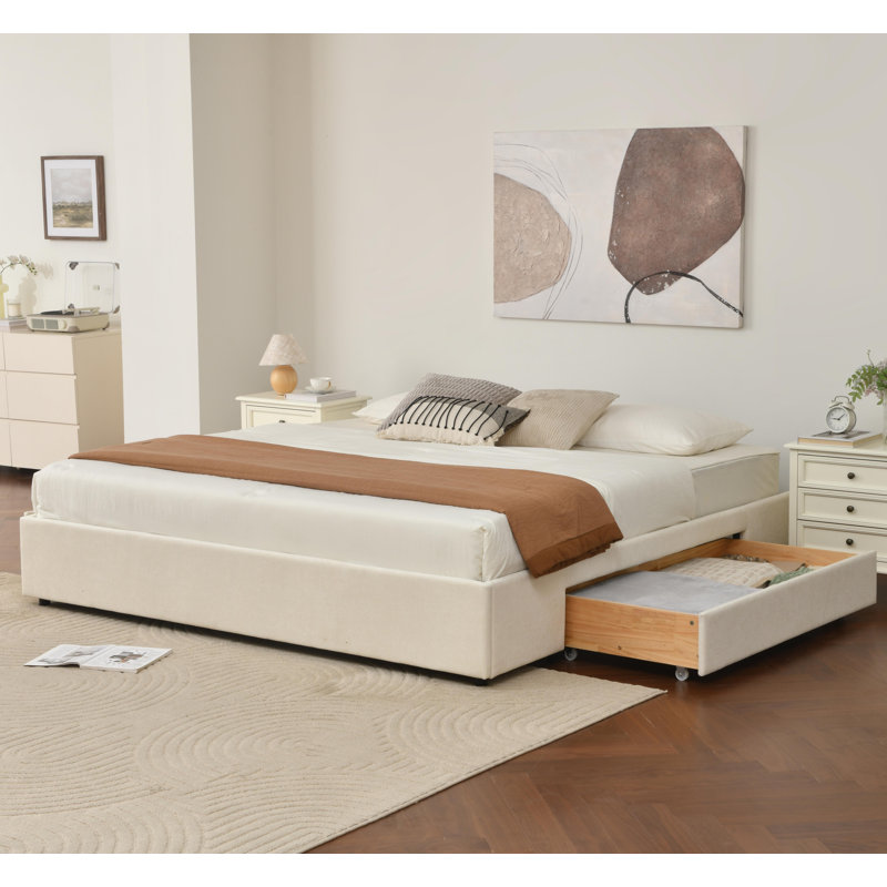 Lit plateforme tapissier avec rangement et tiroirs, Crème, crème, Très grand