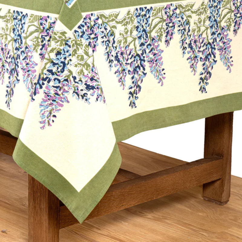 Wisteria Handmade Floral Tablecloth, 70" x 70", Blue/Green
