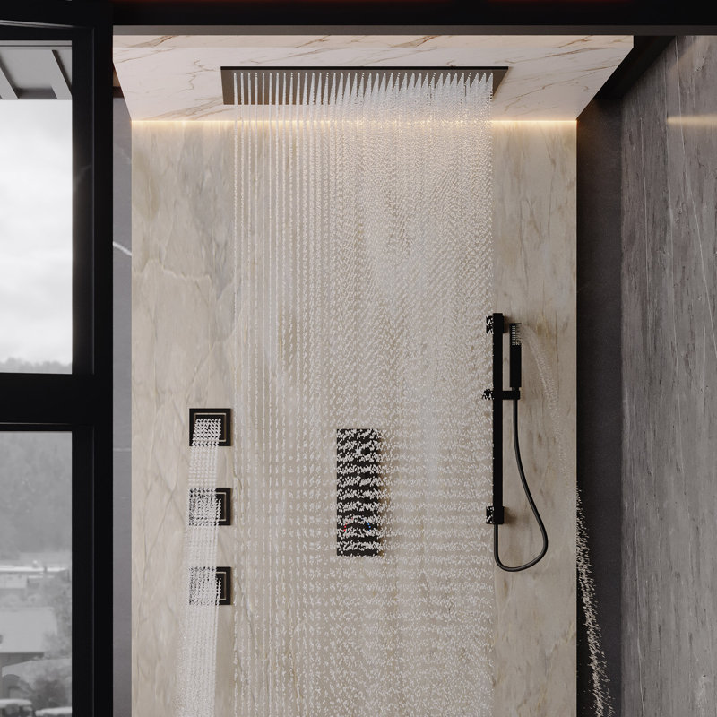 32"X16"Large Head 3-Function Ceiling/Wall Mount Thermostatic Shower System with Body Jets and Slide Bar, Matte Black