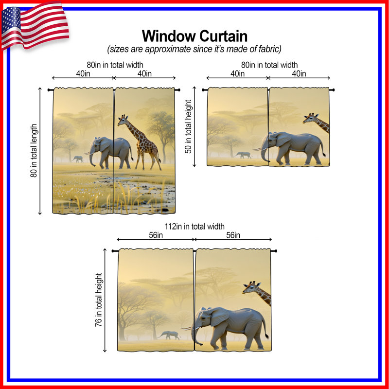 Rideaux obscurcissant et obscurcissant Elephant And Giraffe Safari - 2 panneaux, 20in x 60in - 2 panels, Transparent
