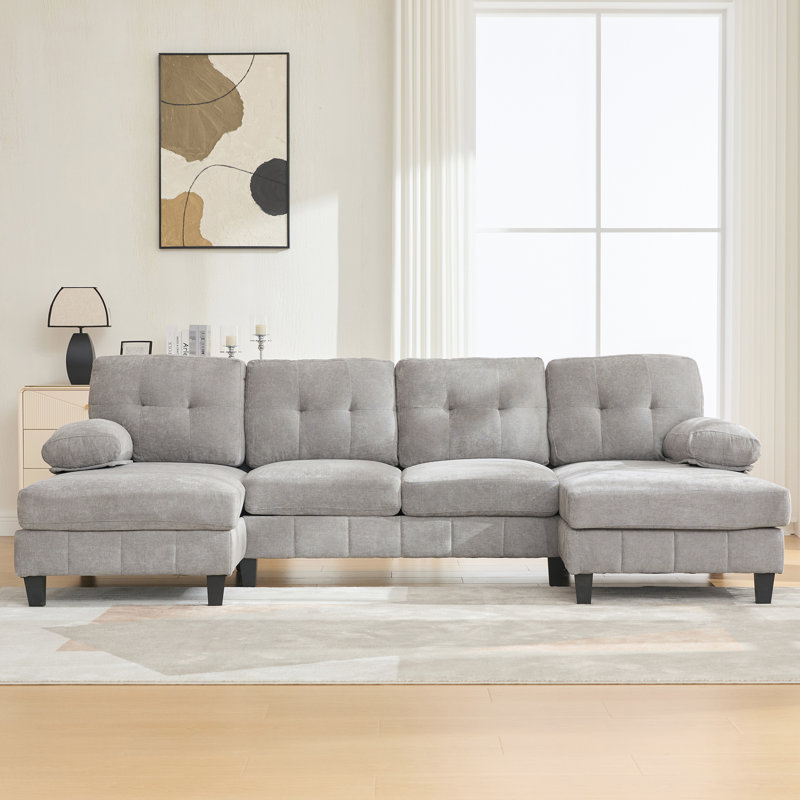U-Shaped Grey Chenille With Dual Chaise Lounges, Storage Pockets And Armrest Pillows For Home Decorating Sectional Couch Relaxation