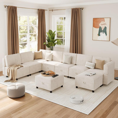Oversized Modular Sectional Sofa, Convertible 9 Seater Sofa with Storage Seats, Upholstered Sleeper Couch for Living Room, and Apartments, Beige