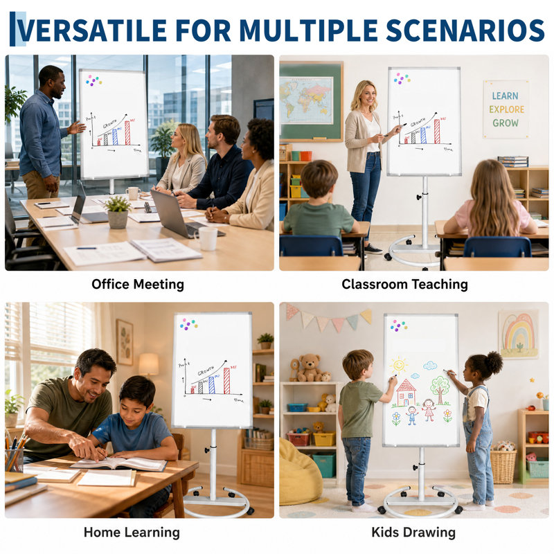 36 x 24'' Rolling Magnetic Dry Erase Whiteboard, Mobile Standing White Board with Height Adjustable Stand, Lockable Wheels & Hooks, White