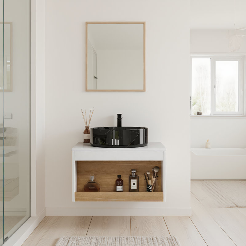 Meuble-lavabo flottant mural de 24 po, choix de couleurs de vasque, meuble blanc brillant, tablette ouverte, Noir marbré