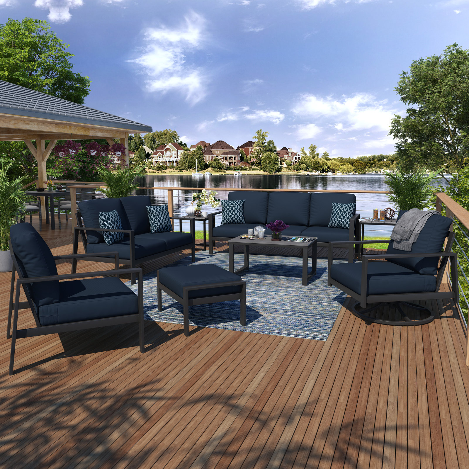 Townsend 8-Person Sunbrella® Patio Seating Group, Canvas Navy Sunbrella® Canvas, Gray