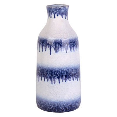 Vase rayé bleu 15 po - Centre de table en céramique pour espaces modernes et côtiers