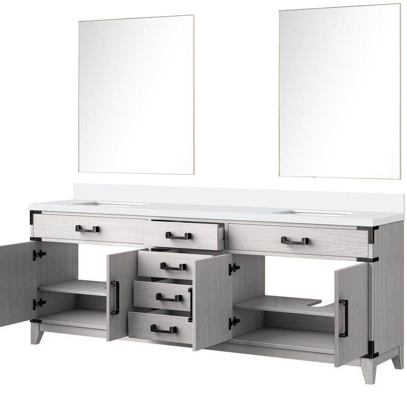 Meuble-lavabo double en chêne blanc, 84 po X P 22 po, avec plateau en marbre de culture et 36 miroirs - fermeture douce pour une salle de bain en chêne magnifique