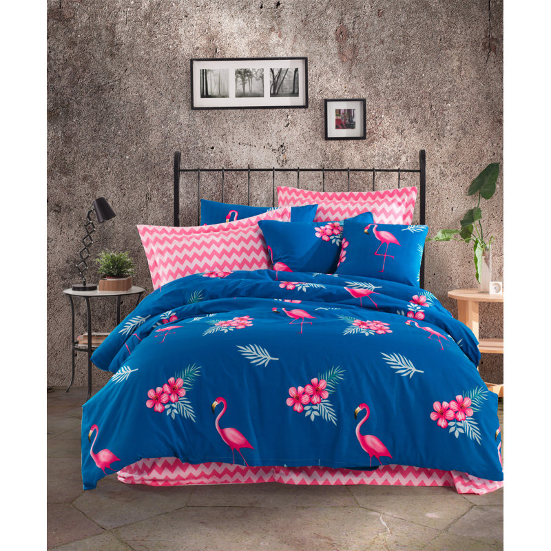 Ensemble de housse de couette double Premium 100% coton, bleu sax et rose / vert Premium Ranforce | Housse de couette 78,7 po x 86,6 po, drap plat 94,5 po x 102,4 po, 2 taies d'oreiller 19,7 po x 27,6 po | Lavable à la machine, conception élégante avec fermeture à boutons