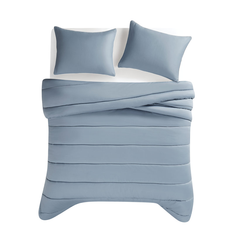 Ensemble d'édredon en satin de coton 2 pièces Christian Siriano NY, Édredon pour lit simple TG + 1 taie décorative, Bleu