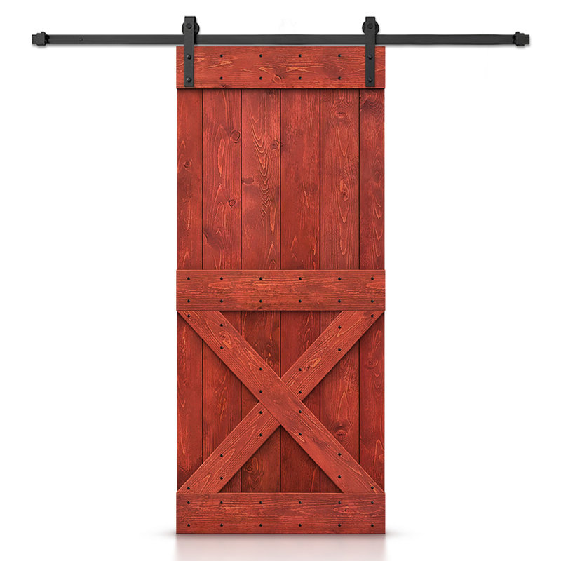 Porte de grange à panneaux et en bois avec quincaillerie d'installation, 48 po x 84 po, Rouge cerise, Noir mat