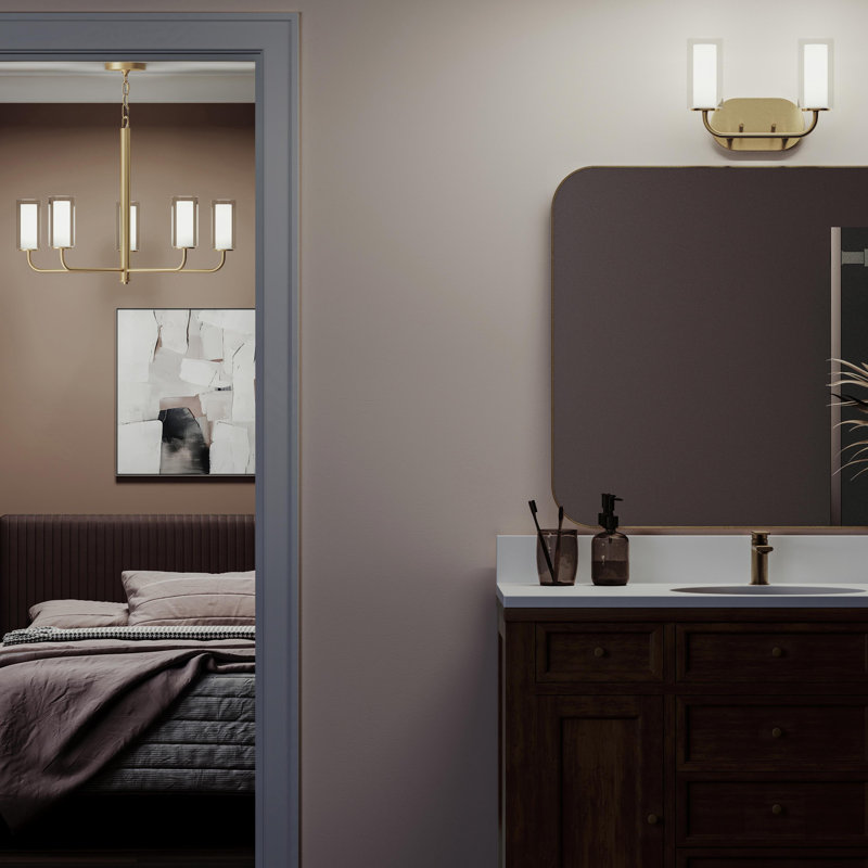 Éclairage pour meuble-lavabo à deux lumières en or brossé avec abat-jours en verre Mack, Or brossé