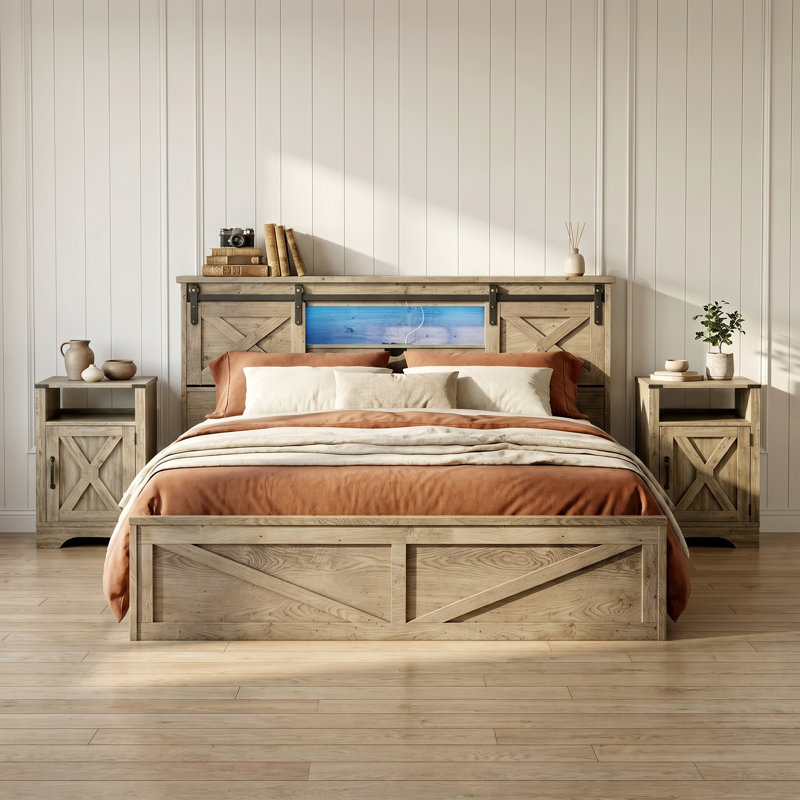 3-Pieces Bedroom Sets ,Farmhouse Bed Frame Queen Size With LED Lights And Charging Station,Nightstands Set Of 2 With 2-Drawer