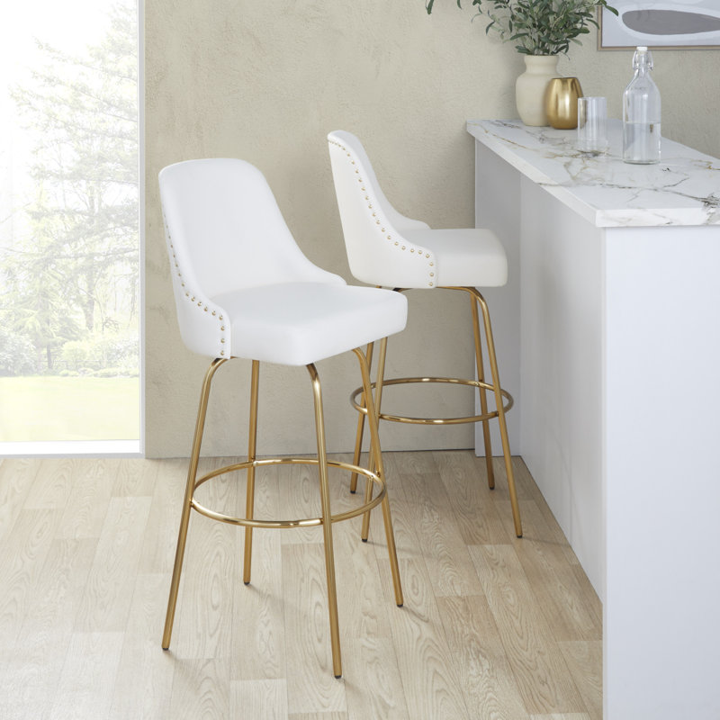 Studded Marcel 30" Fixed-Height Barstool With Metal Legs & Round Footrest - Set Of  2
