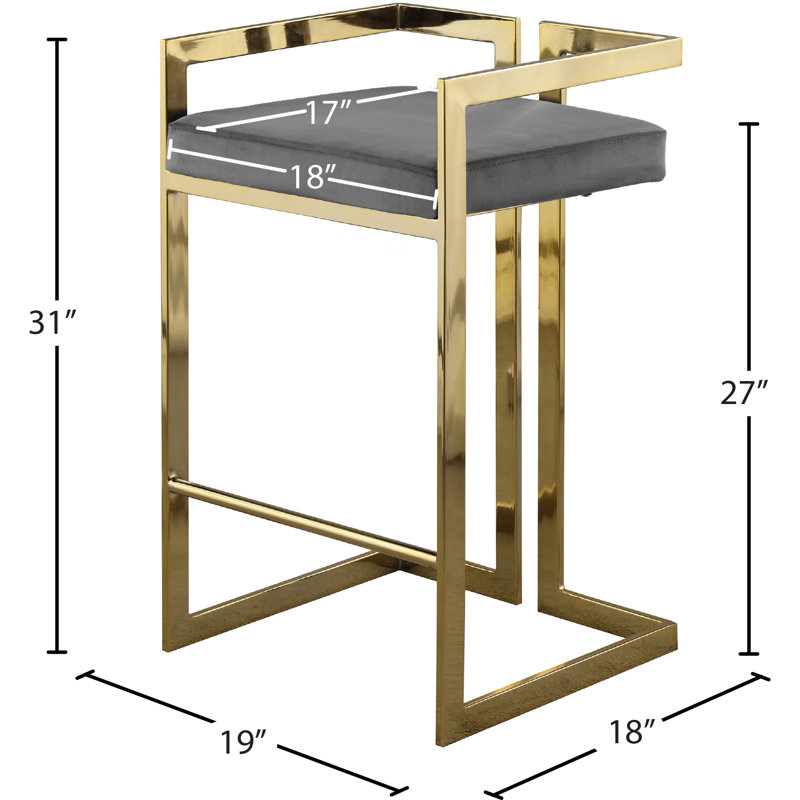 Isam Upholstered Counter Stool with Metal Frame, Gray Velvet, Gold