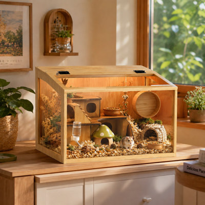 Modern Wooden Hamster Habitat with Tempered Glass Panels & LED Lighting, Premium Small Animal Cage for Hamsters, Gerbils and Mice