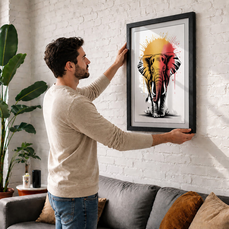Elephant at Sunrise Modern - Framed Print, A4 - 29.7 x 21.0 cm, White
