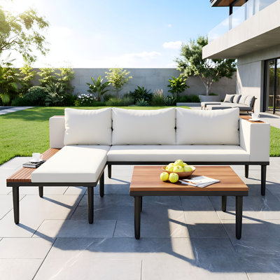 89.5" L-Shaped Patio Sectional Sofa with Chaise and Coffee Table, Removable Cushions