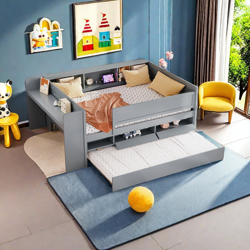 Lit de jour multifonctionnel avec tiroirs et lit gigogne, tête de lit et tables, station de charge USB, Gris