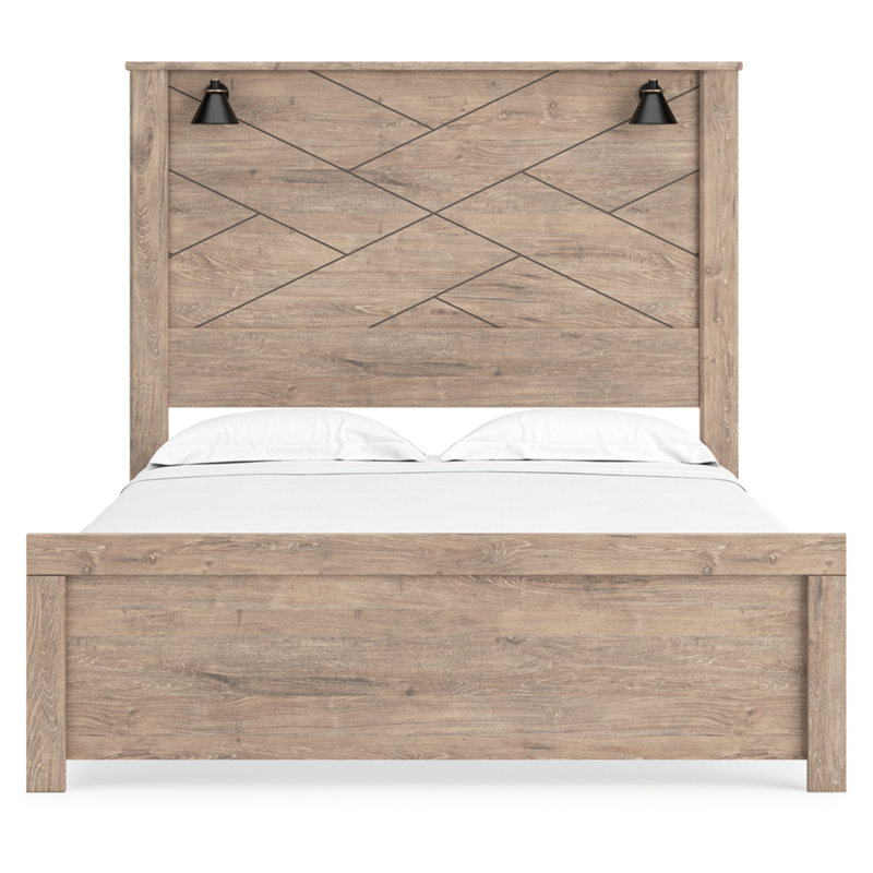 Queen Light Brown Upholstered Wood Frame Bed with Drawer